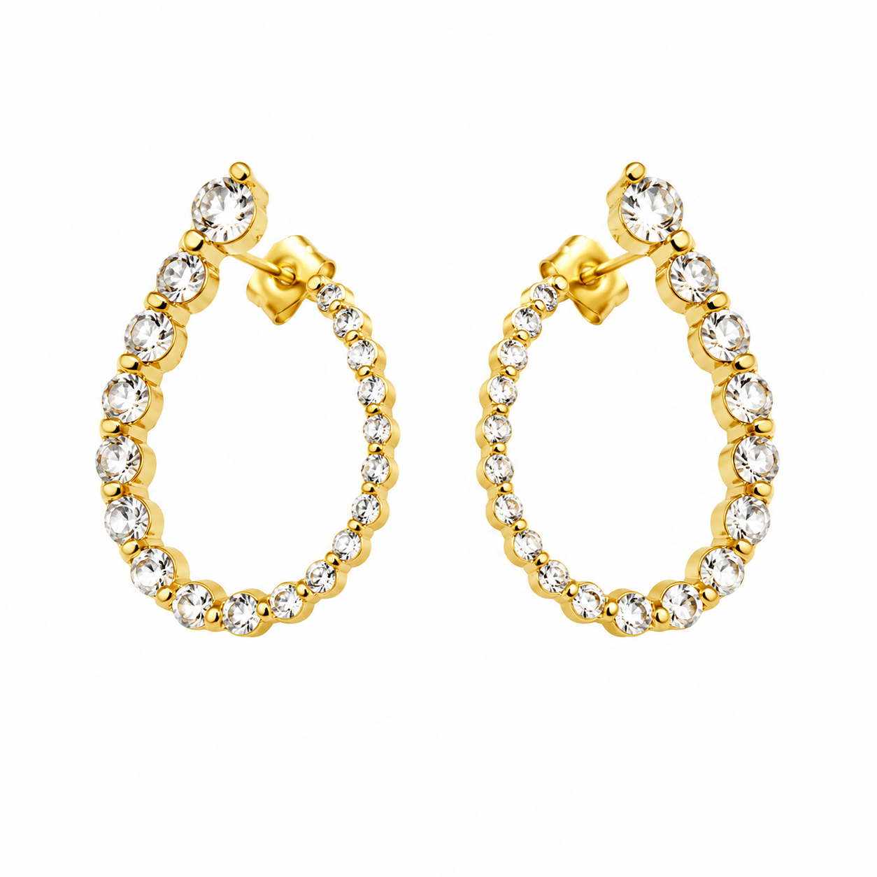 Aretes tipo aro abierto con finas circonias y acabado dorado.
