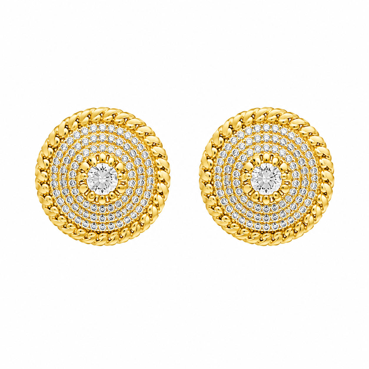 Aretes tipo botón Goldfilled y zirconias.