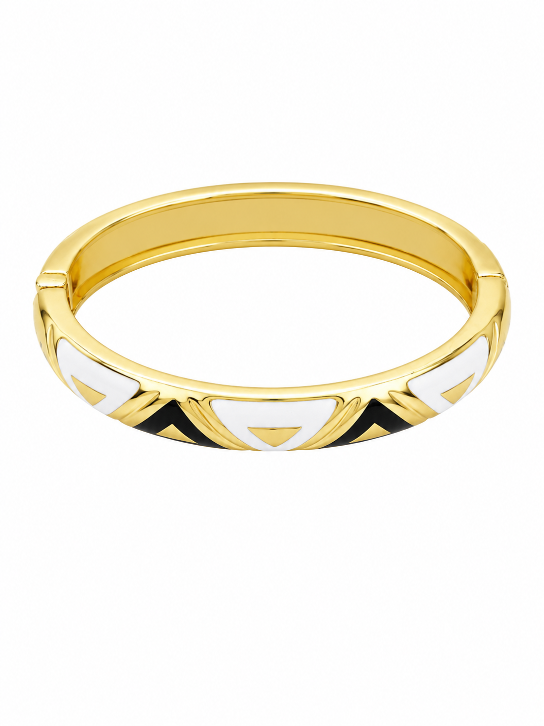 Brasalete dorado tipo bisagra, esmaltado blanco y negro.