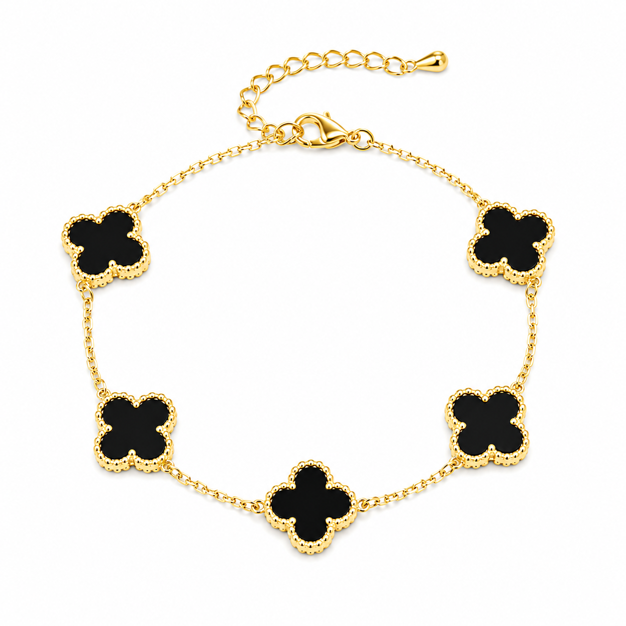 Pulsera de tréboles negros, acero inoxidable.