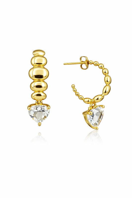 Aretes tipo argolla, Goldfilled, dije de corazón con circonia tranparente