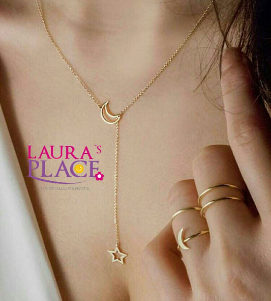 Cadena de plata y baño de oro con dije de luna y estrella
